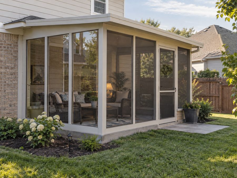 Almond-framed backyard enclosure on a brick home with a screen door