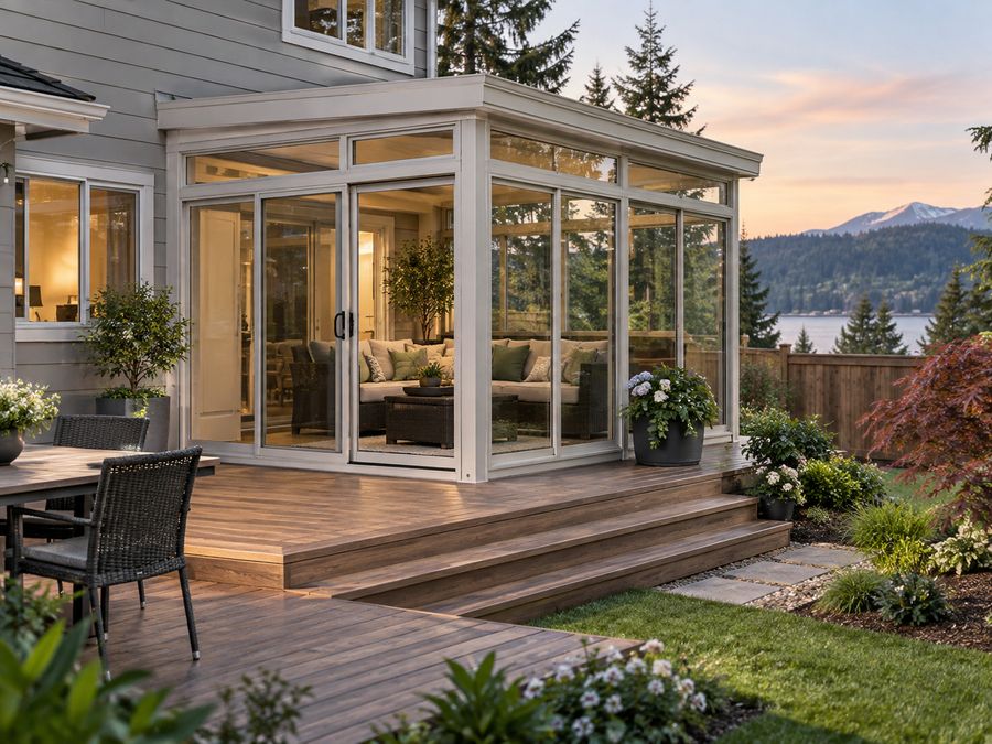 White-framed four-season sunroom on a deck at dusk overlooking water and mountains